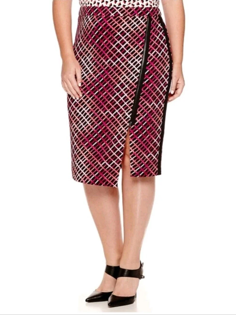NWT Worthington Exposed-Zip Print Envelope Skirt Coral Pink Black Stretch Sz 14